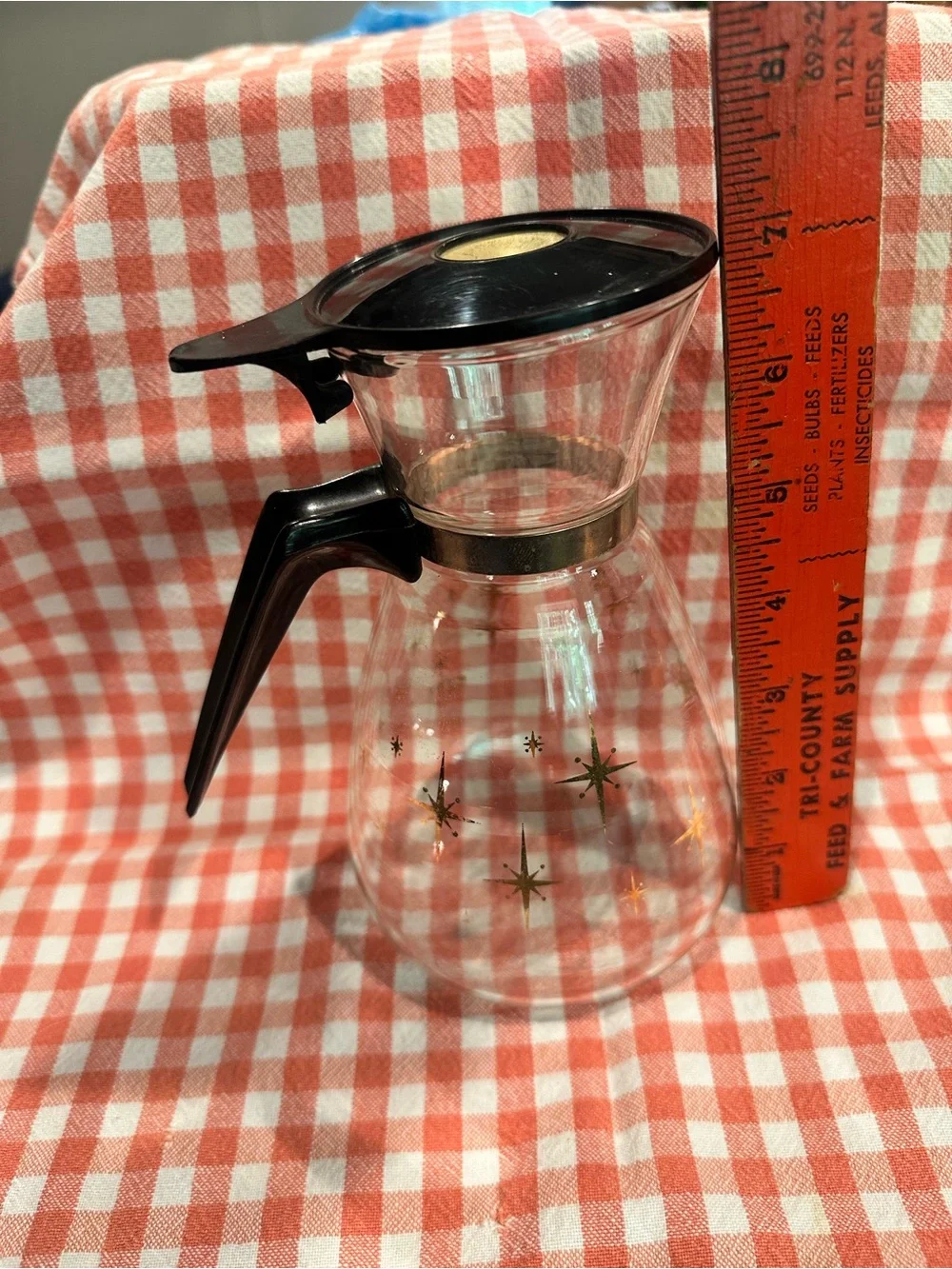 Pyrex Glass Coffee Carafe with Black Handle and Starburst Pattern